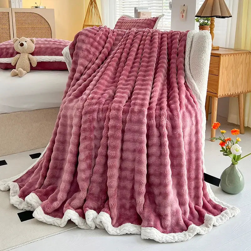 Pink Faux Rabbit-Fur Throw Blanket