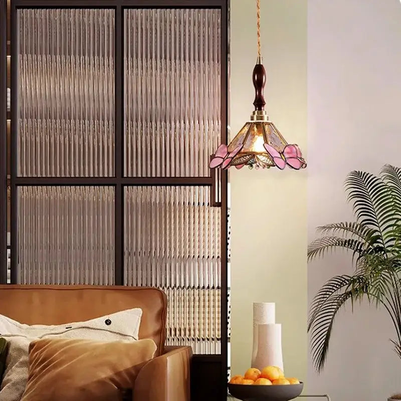 Pink Glass Pendant Light with Polished Copper