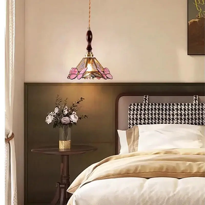 Pink Glass Pendant Light with Polished Copper