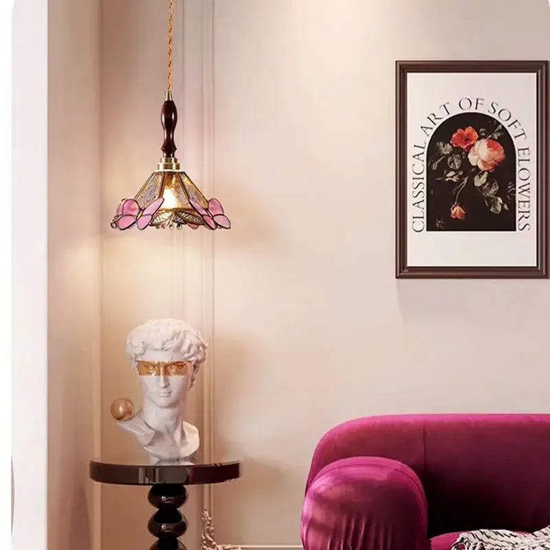 Pink Glass Pendant Light with Polished Copper