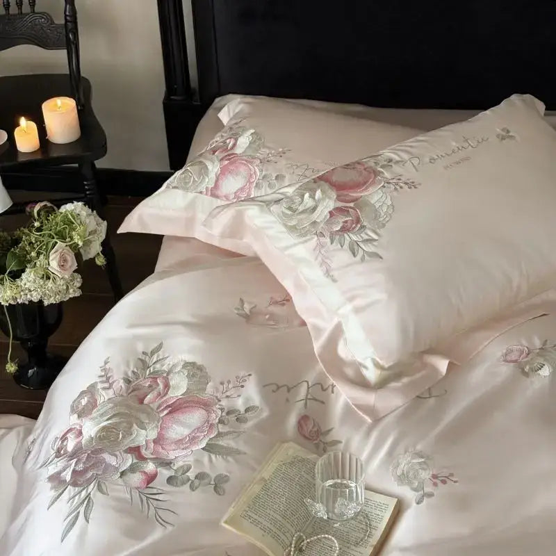 Pink Gray Embroidered Bedding