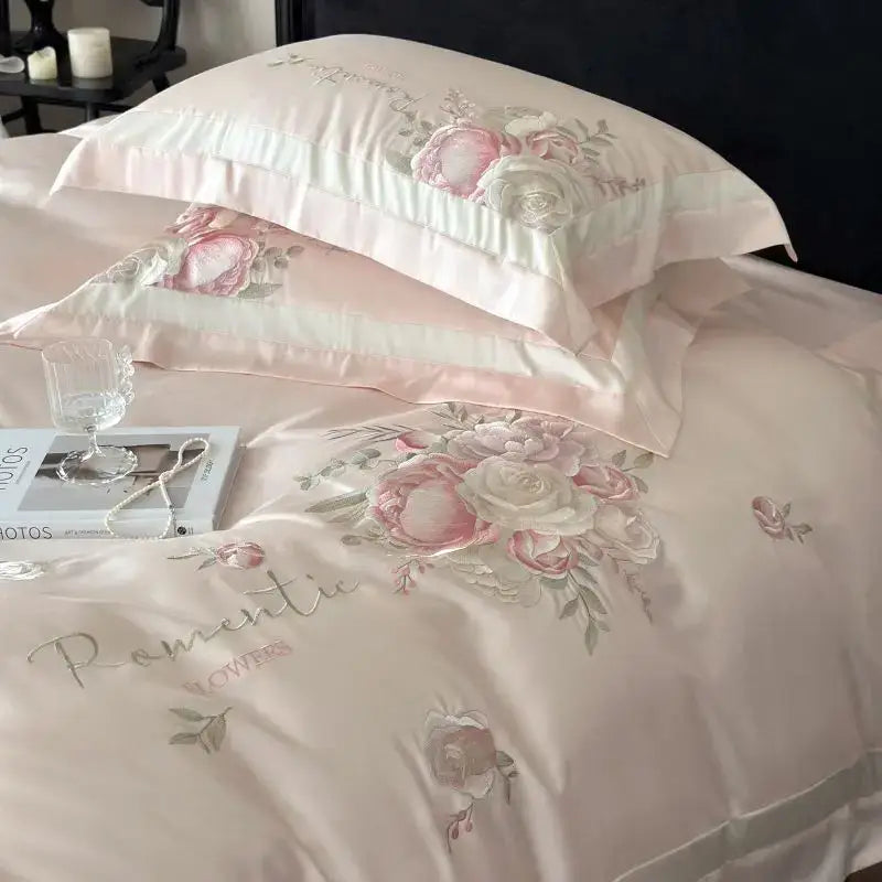 Pink Gray Embroidered Bedding