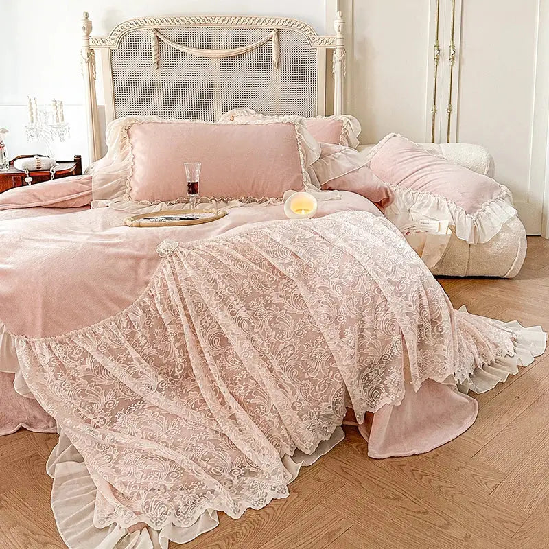 Pink Velvet Lace Ruffle Bedding Set