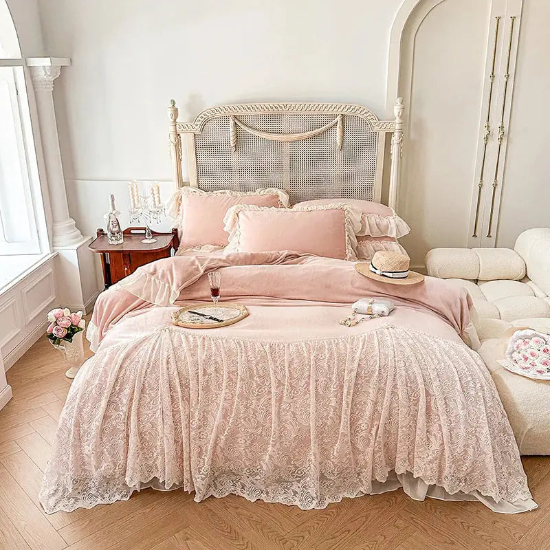 Pink Velvet Lace Ruffle Bedding Set