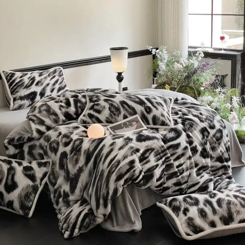 Leopard Rabbit Hair Bed Set