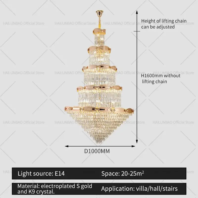 Gold Spiral Crystal Chandelier H220cm Changeable Color