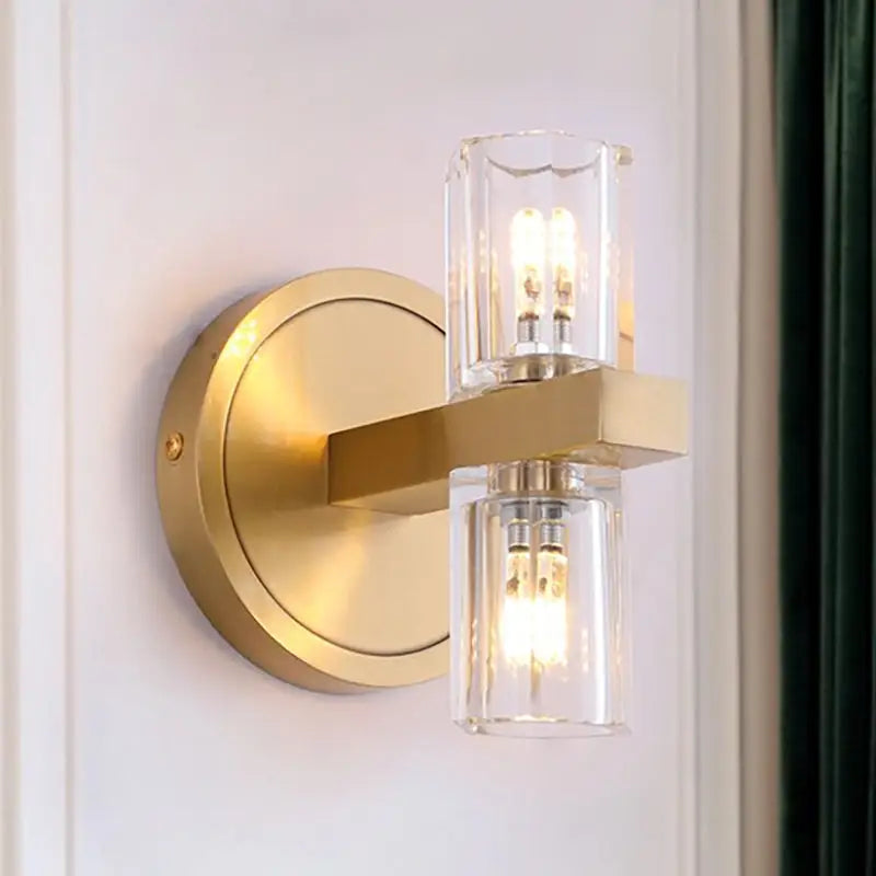 Brass Crystal Cylindrical Sconce Living Area
