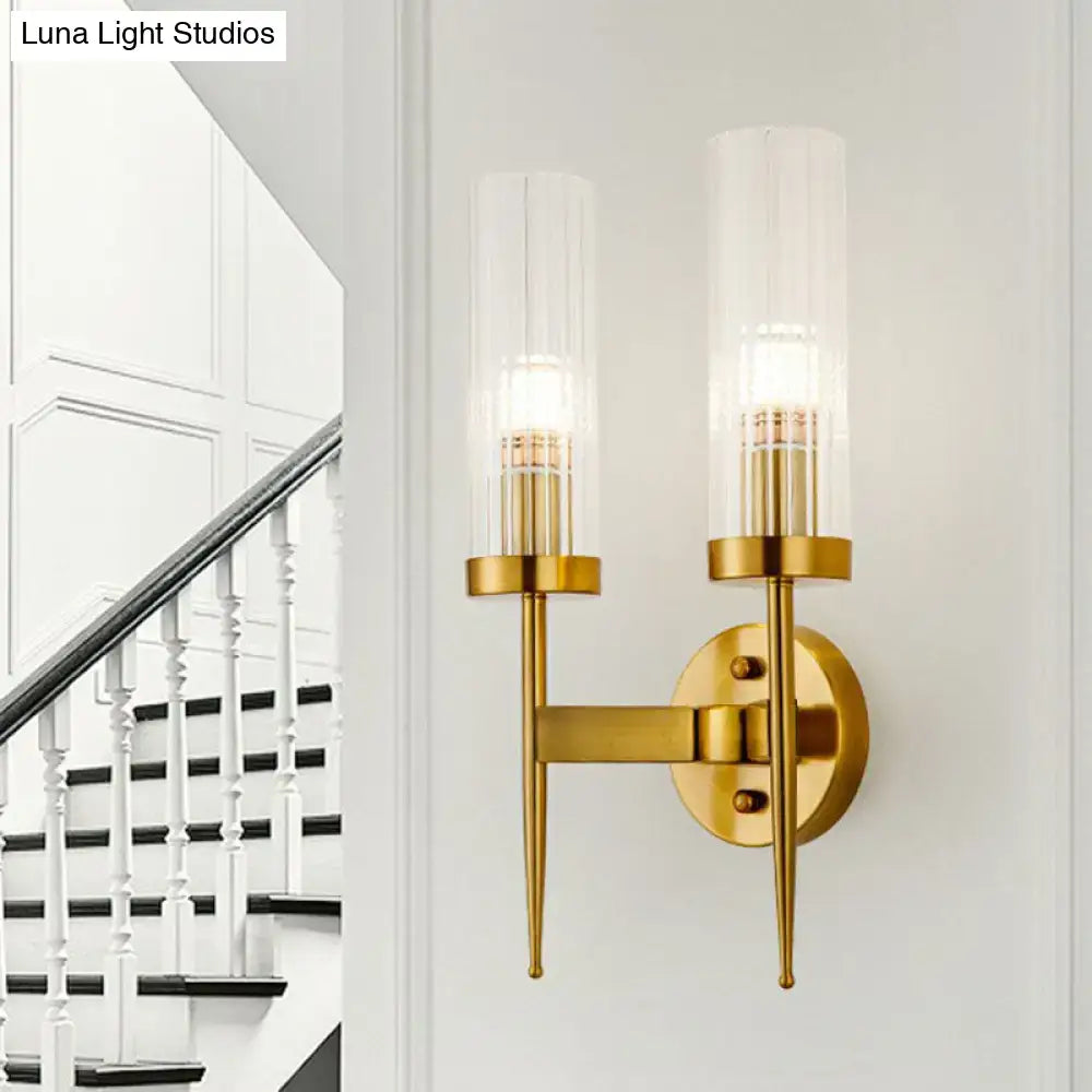Gold Ribbed Glass Stairway Dual-Light Sconce