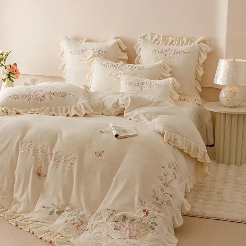 Cream Embroidered Bedding Set with Ruffles Queen