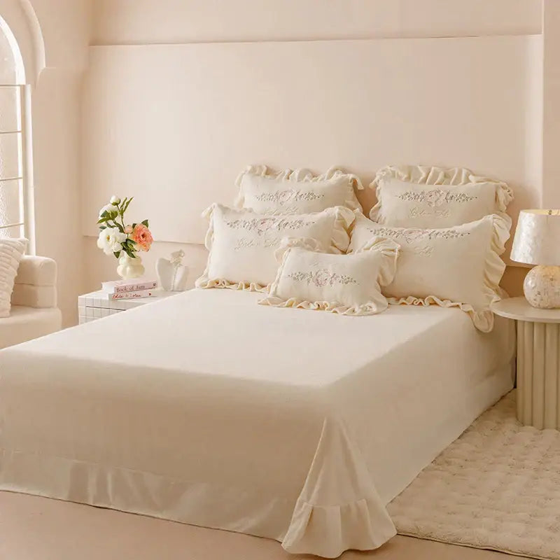 Cream Embroidered Bedding Set with Ruffles Queen