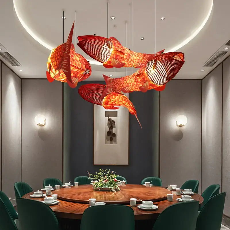 Red Bamboo Fish Pendant Light