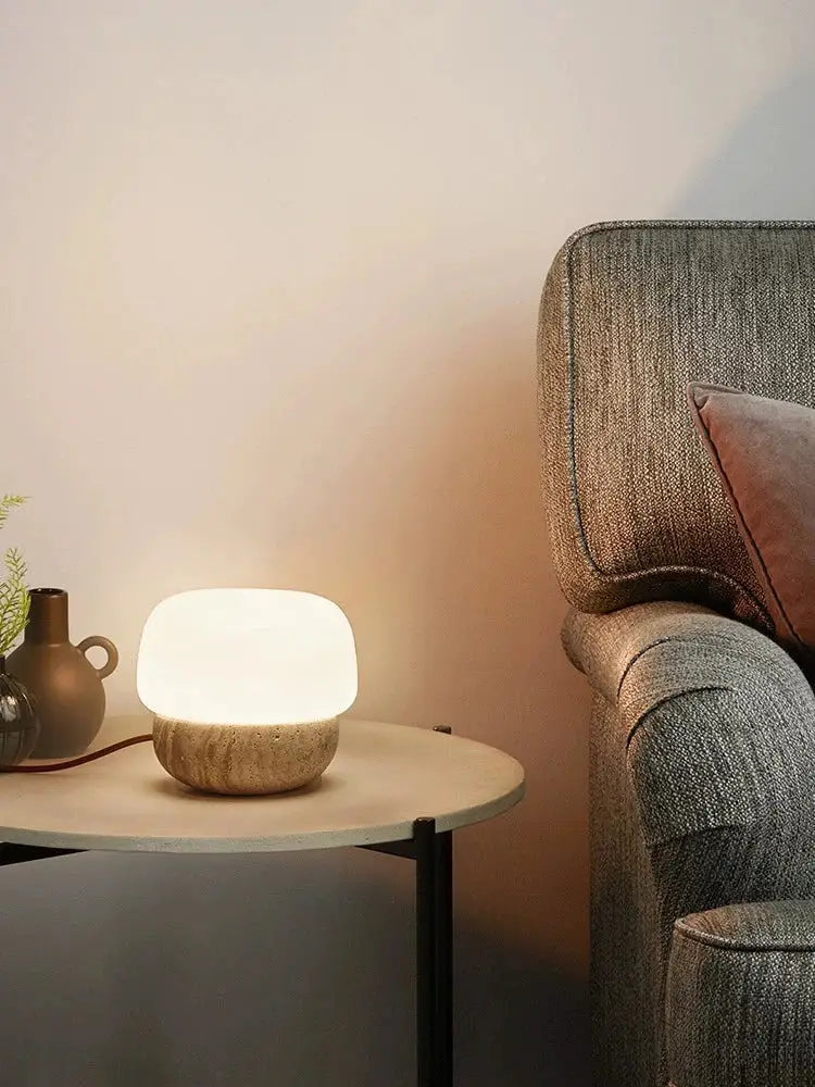 Cream Mushroom Table Lamp with Stone Base