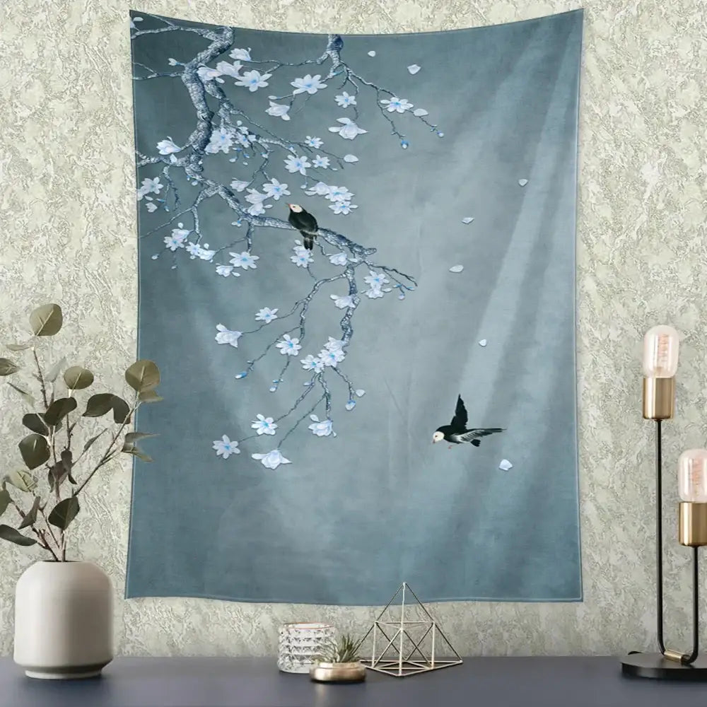 Blue Gold Crane Tapestry