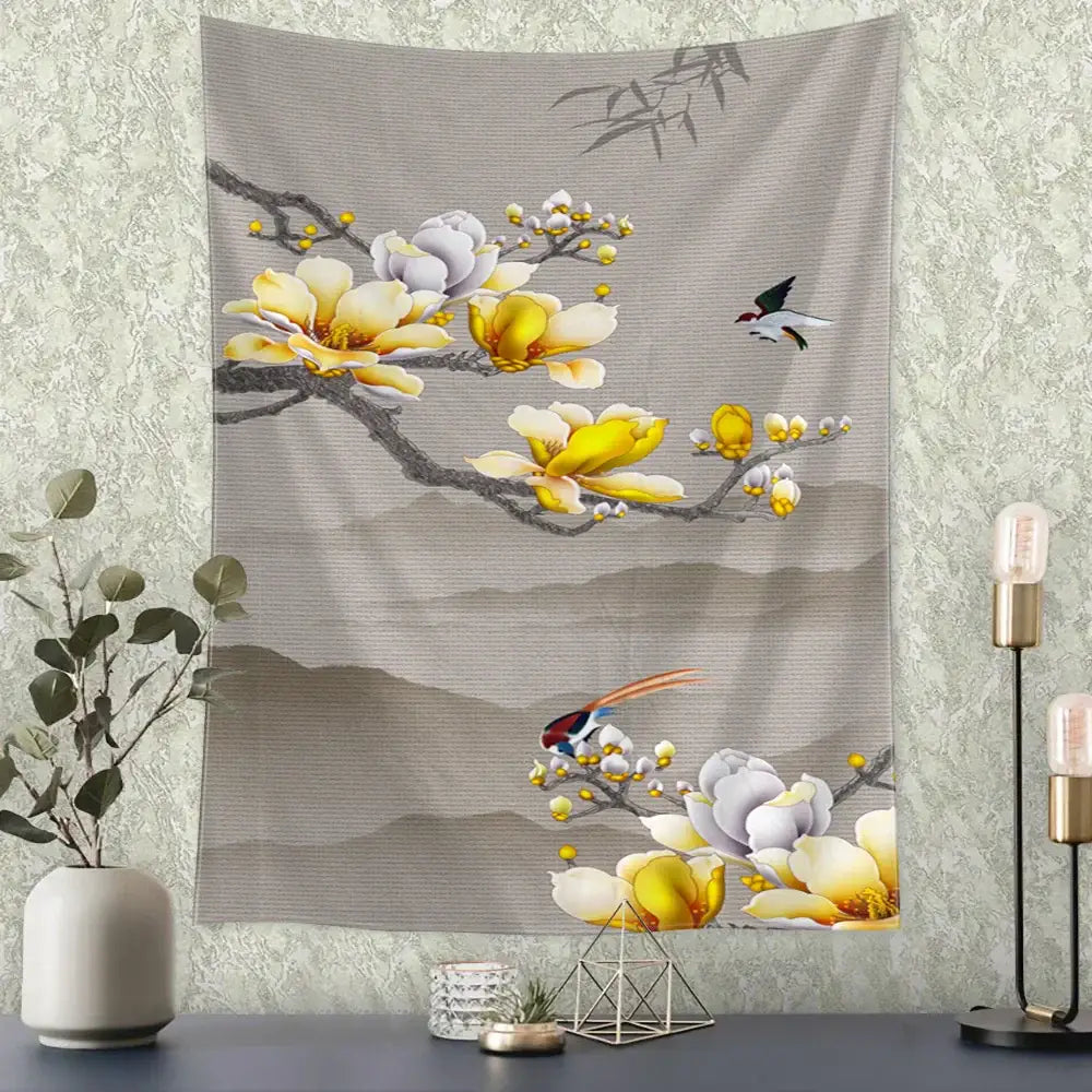 Blue Gold Crane Tapestry
