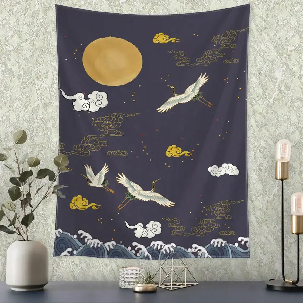 Blue Gold Crane Tapestry