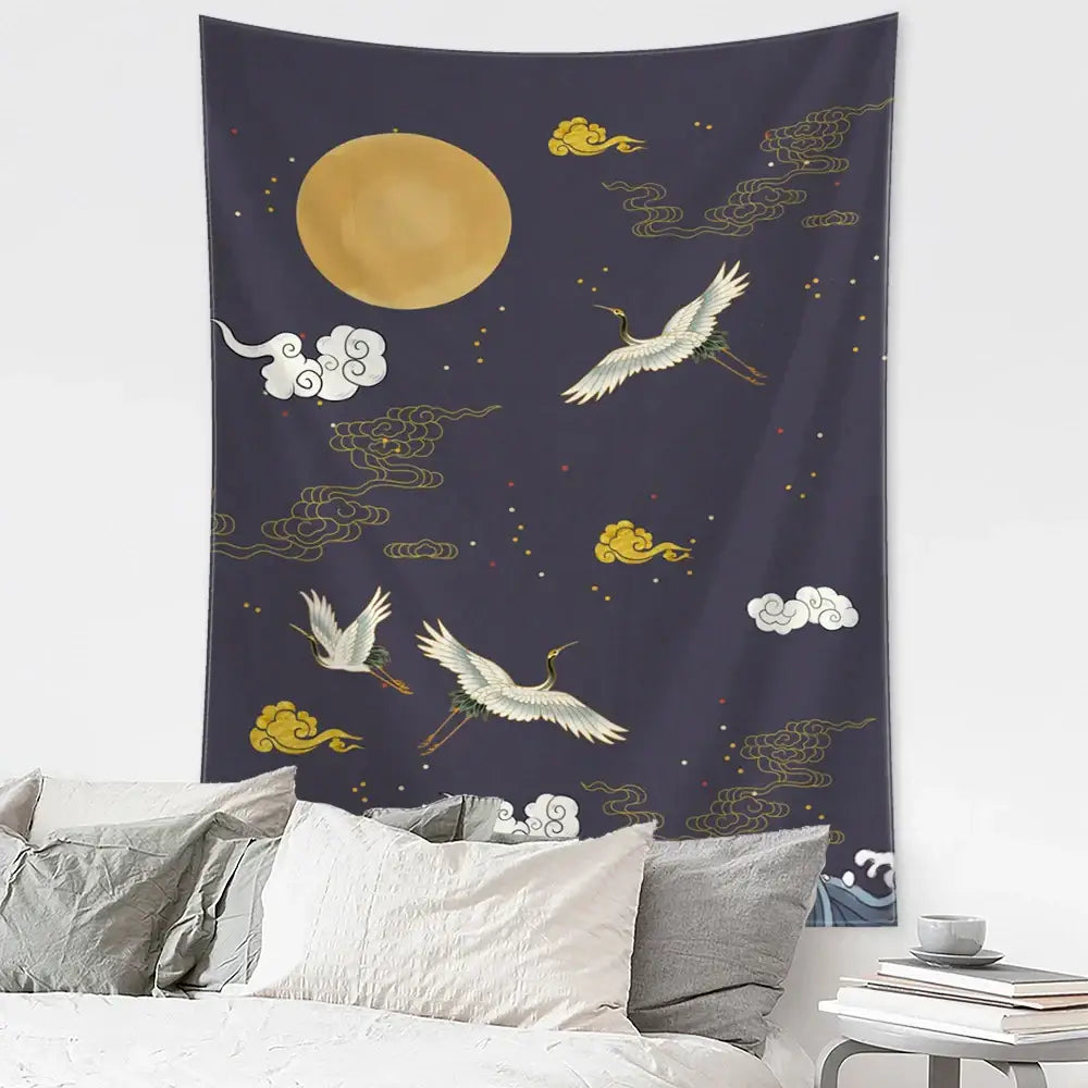 Blue Gold Crane Tapestry