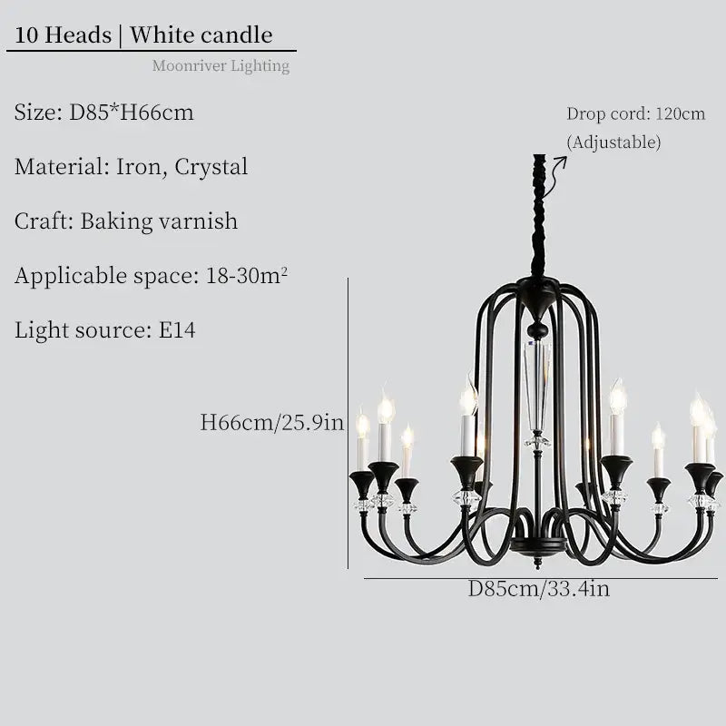 Black Iron Candle Chandelier 10-Head French Style