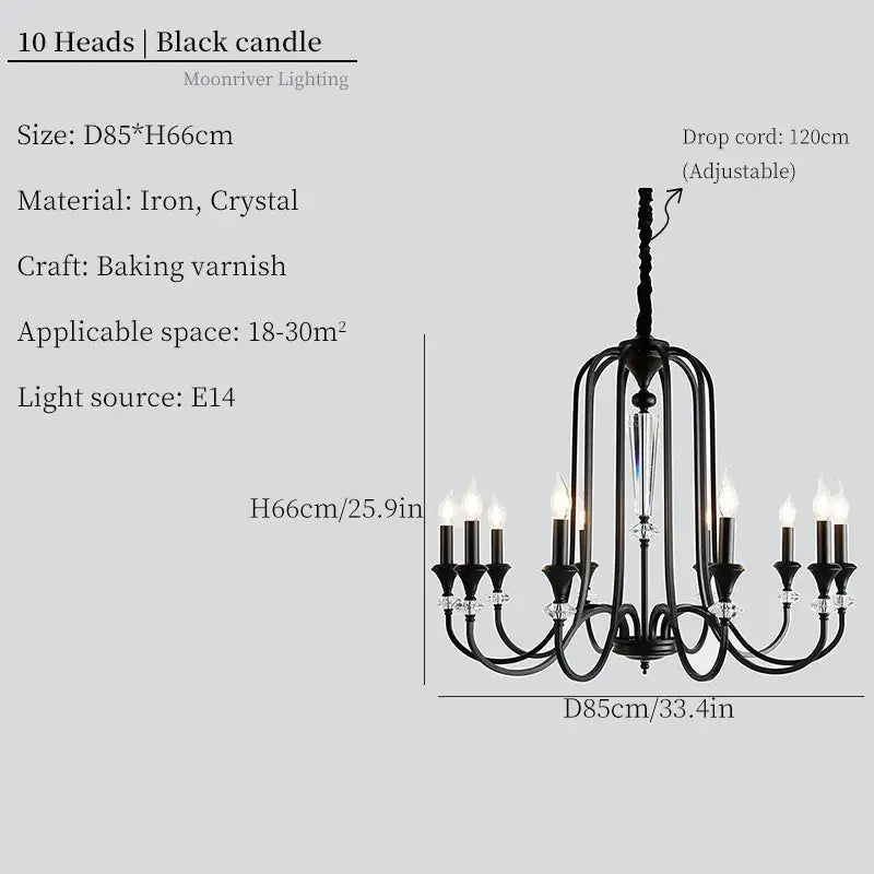 Black Iron Candle Chandelier 10-Head French Style