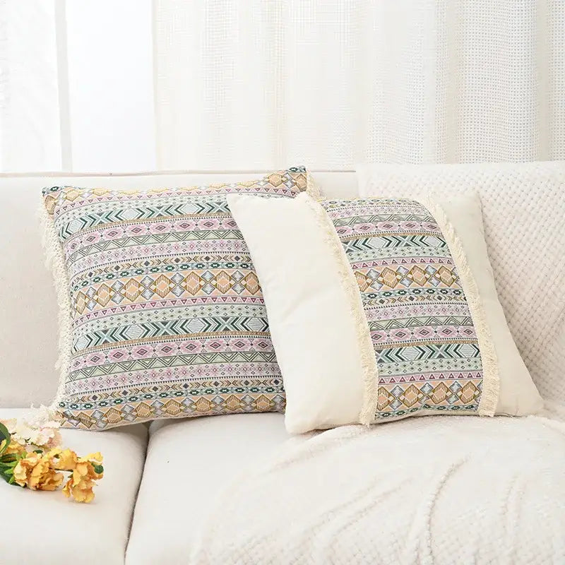 Beige Geometric Cushion Cover with Handmade Tassels