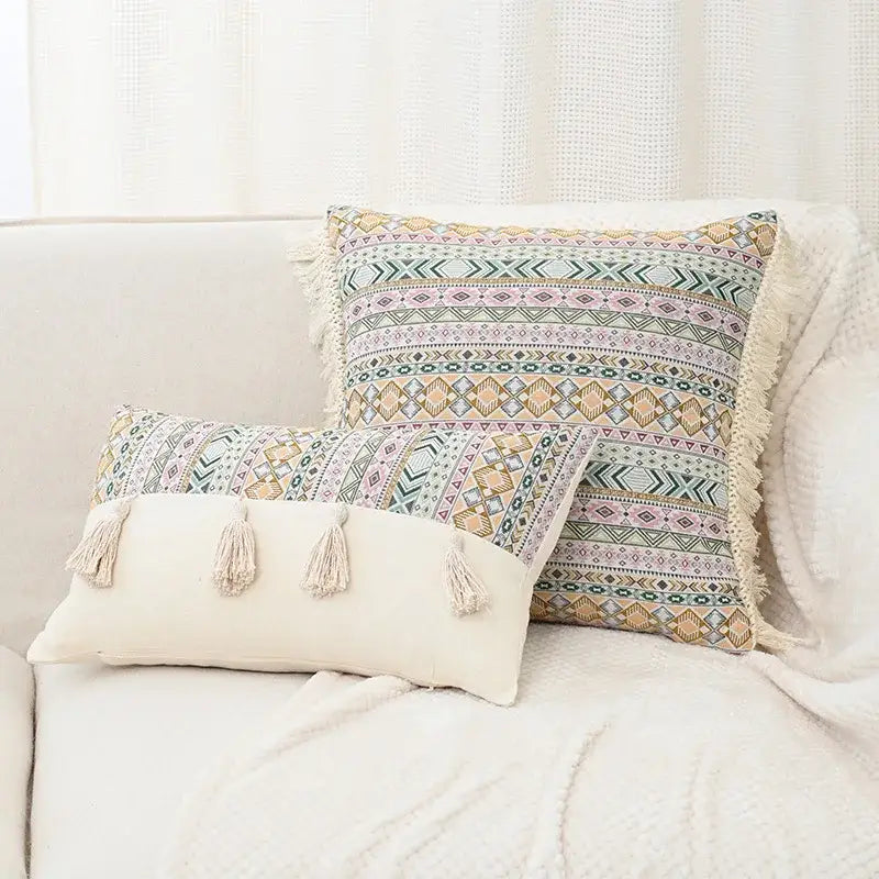 Beige Geometric Cushion Cover with Handmade Tassels