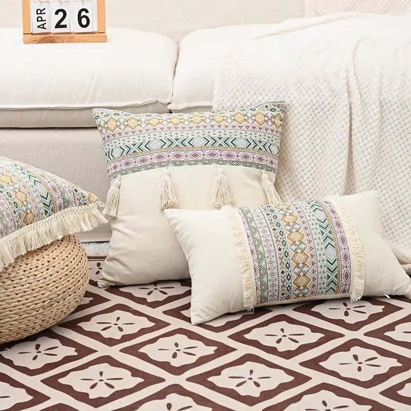 Beige Geometric Cushion Cover with Handmade Tassels