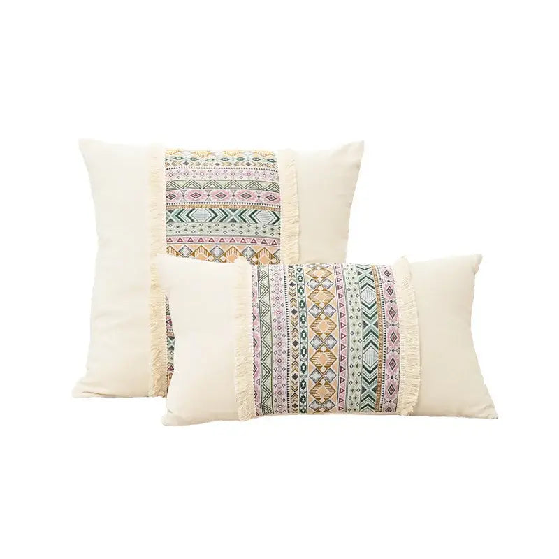 Beige Geometric Cushion Cover with Handmade Tassels