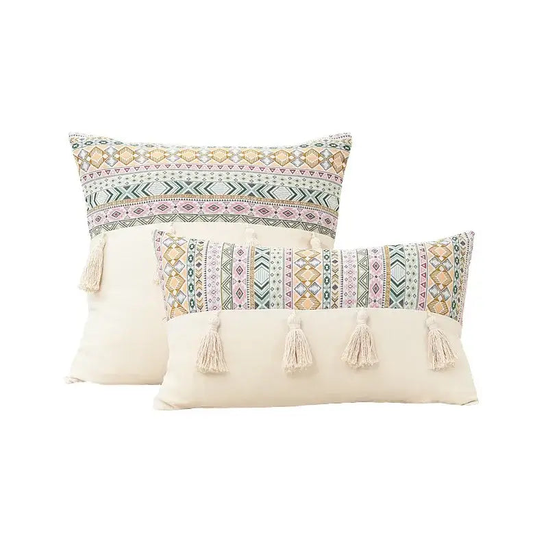 Beige Geometric Cushion Cover with Handmade Tassels