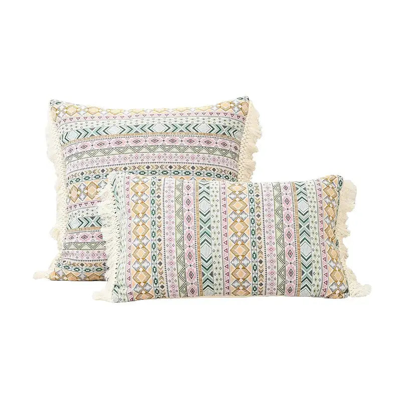 Beige Geometric Cushion Cover with Handmade Tassels