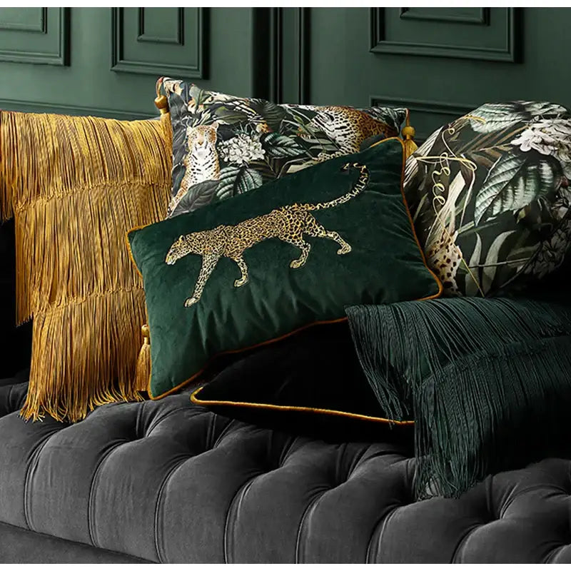 Green Velvet Leopard Cushion