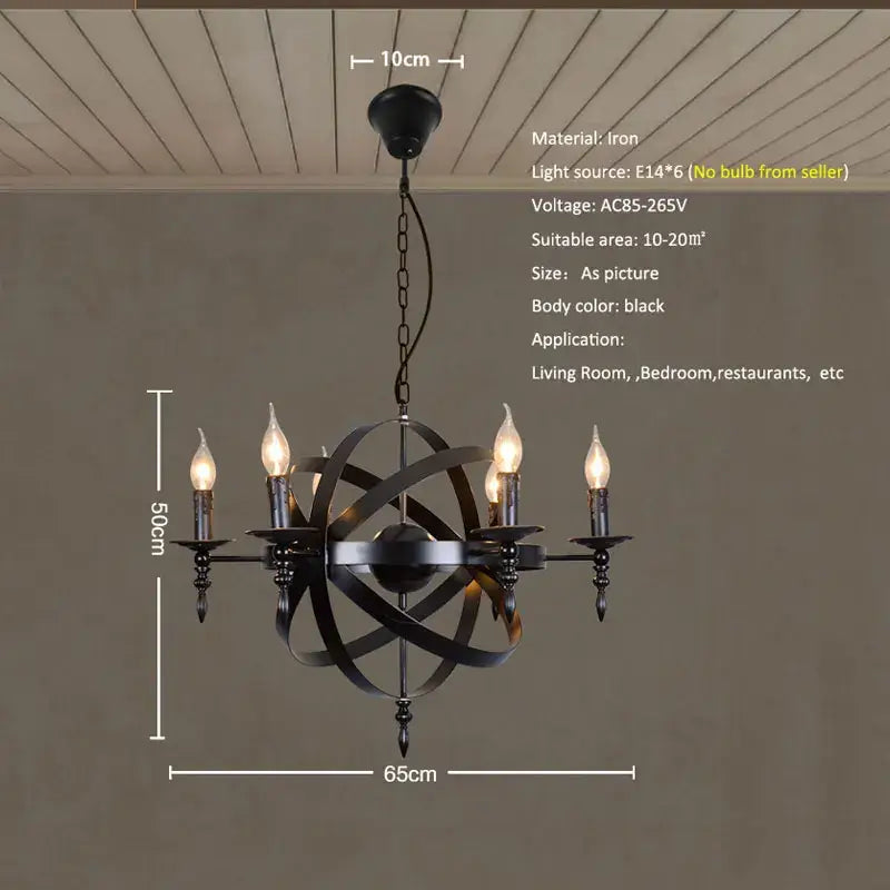 Black Iron Chandelier 6-Head Globe Shape