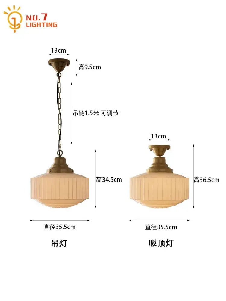 Cream Brass Pendant Light with Ribbed Glass