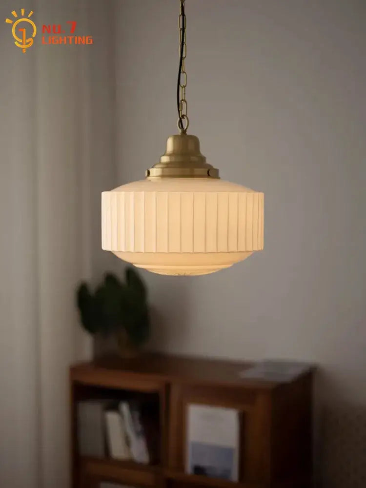 Cream Brass Pendant Light with Ribbed Glass