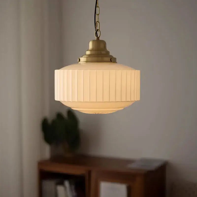 Cream Brass Pendant Light with Ribbed Glass