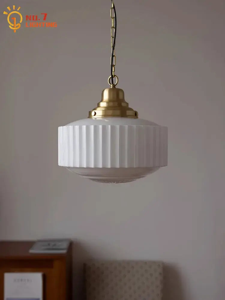 Cream Brass Pendant Light with Ribbed Glass