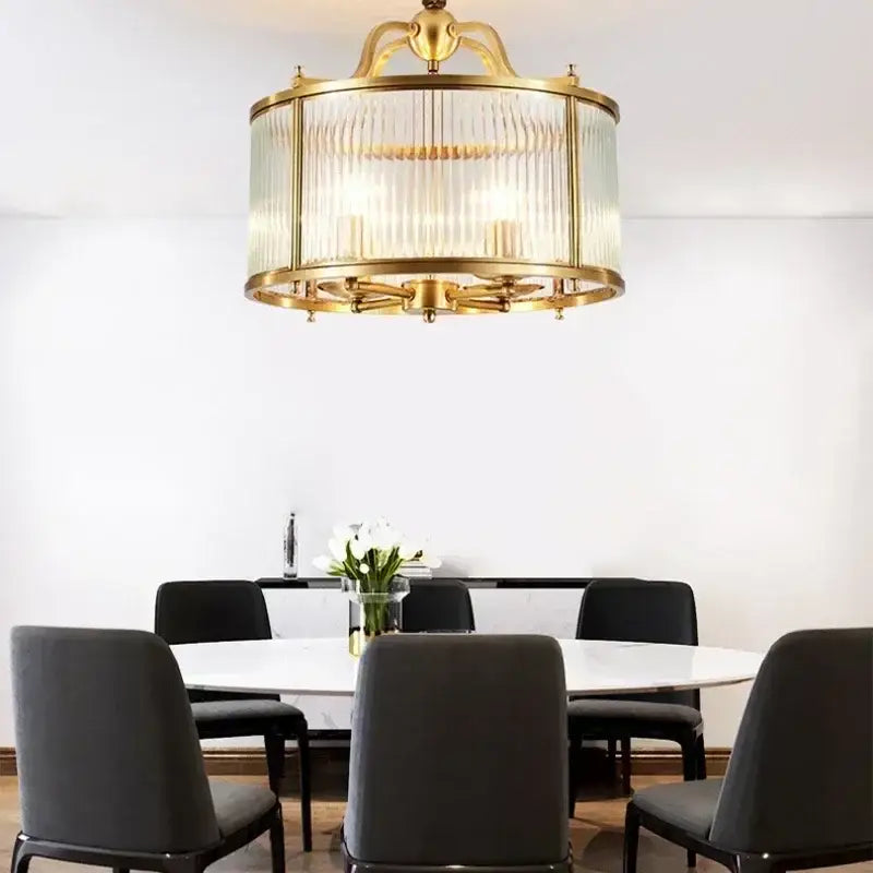 Gold Ribbed Glass Chandelier with Multiple Lights