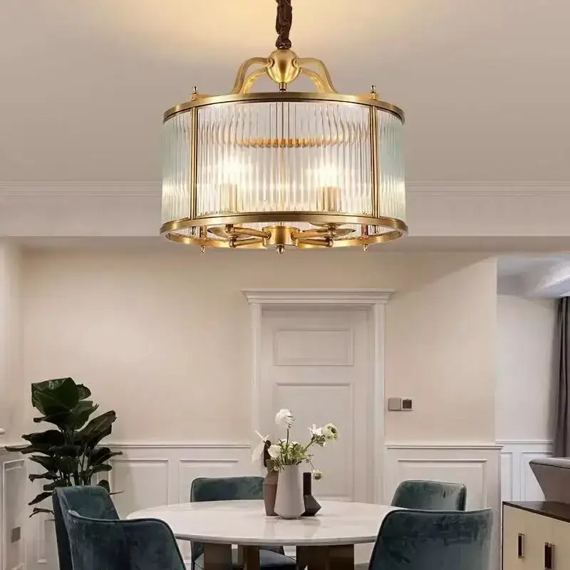 Gold Ribbed Glass Chandelier with Multiple Lights