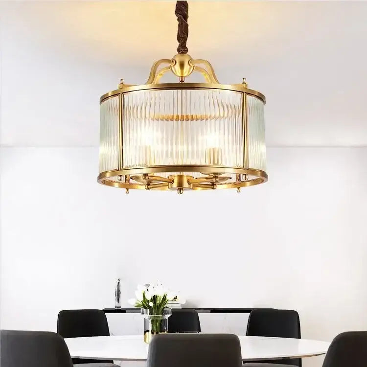 Gold Ribbed Glass Chandelier with Multiple Lights