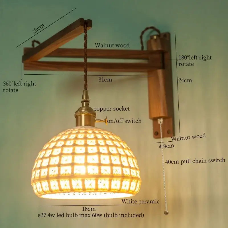 Walnut Glass Wall Sconce with Ribbed Shade