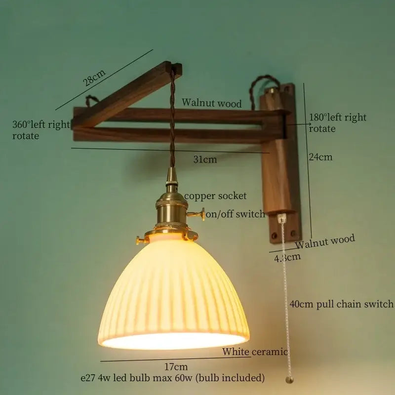 Walnut Glass Wall Sconce with Ribbed Shade