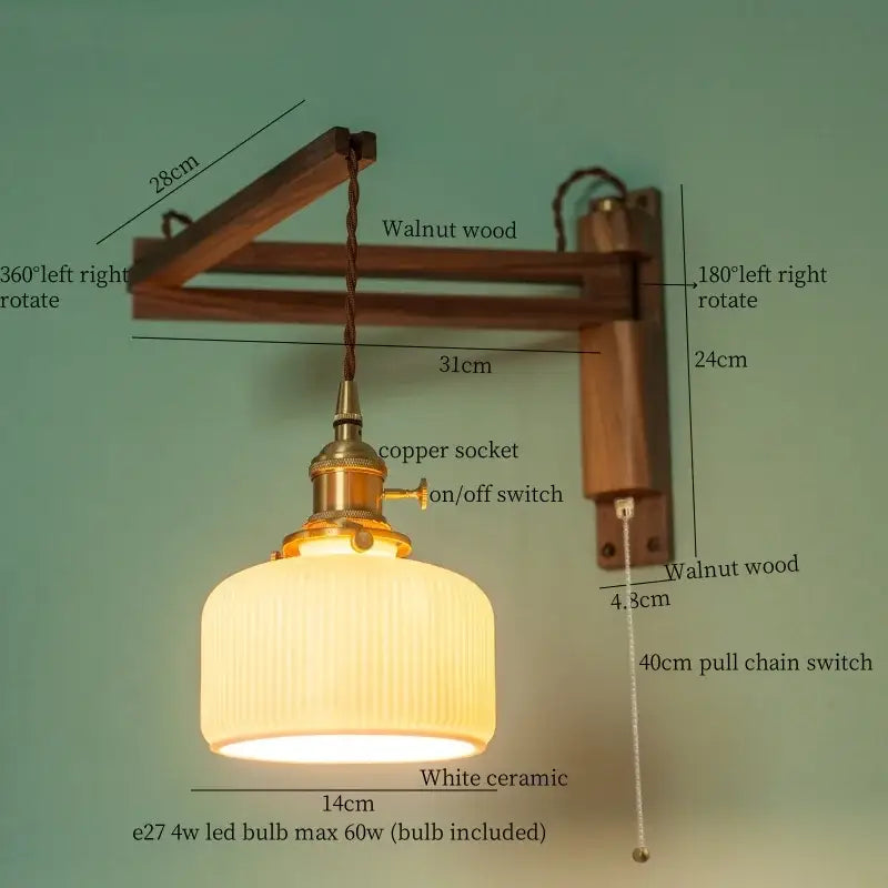 Walnut Glass Wall Sconce with Ribbed Shade