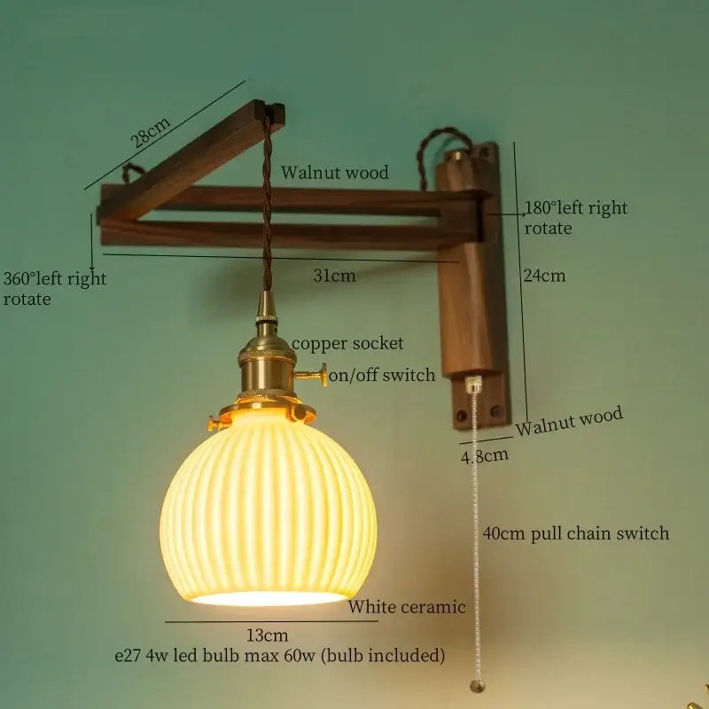Walnut Glass Wall Sconce with Ribbed Shade