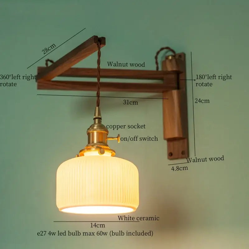 Walnut Glass Wall Sconce with Ribbed Shade