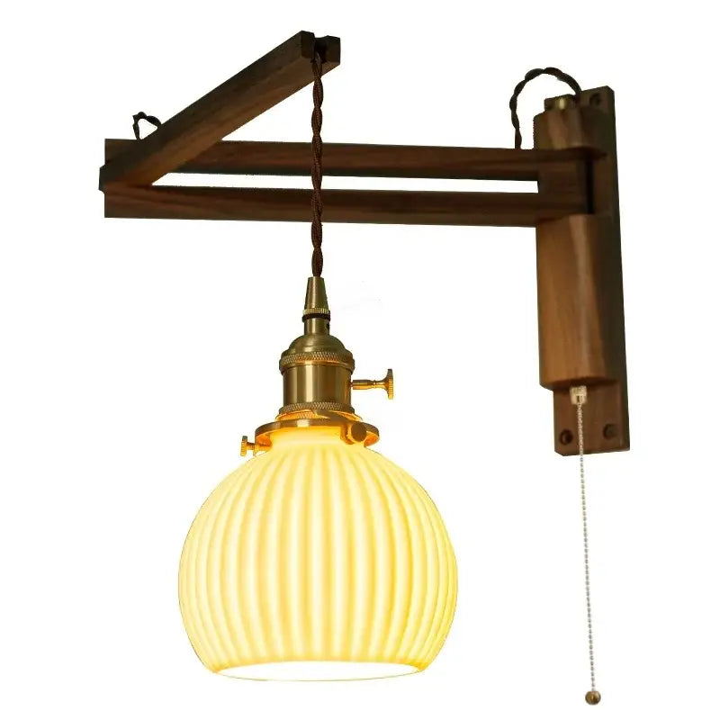 Walnut Glass Wall Sconce with Ribbed Shade
