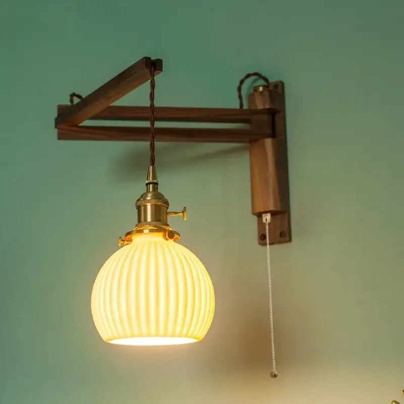 Walnut Glass Wall Sconce with Ribbed Shade