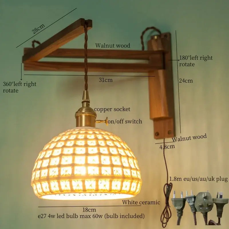 Walnut Glass Wall Sconce with Ribbed Shade