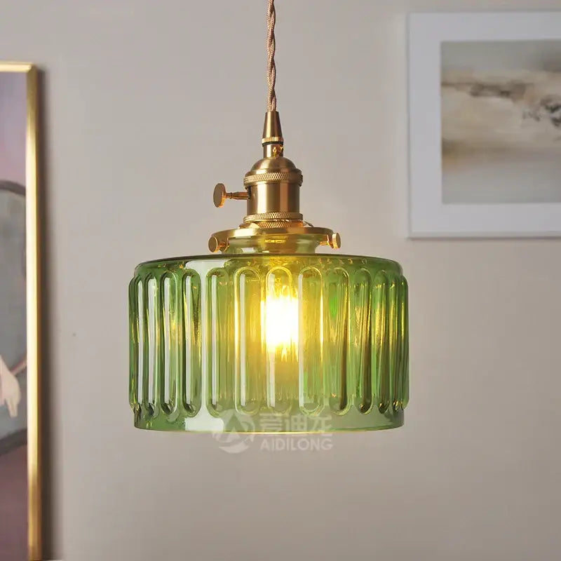 Green Glass Pendant Light with Brass Hardware