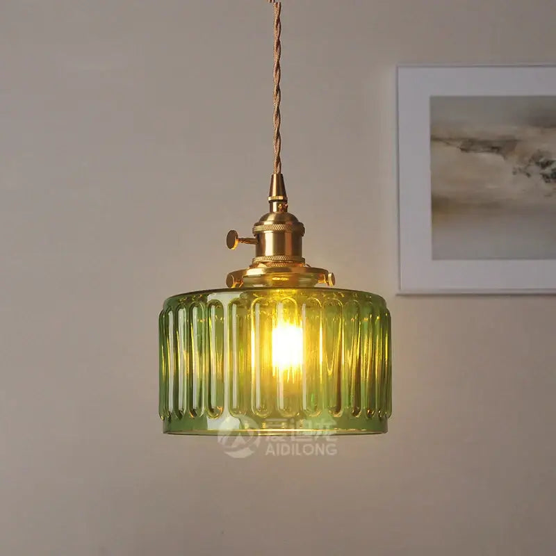 Green Glass Pendant Light with Brass Hardware