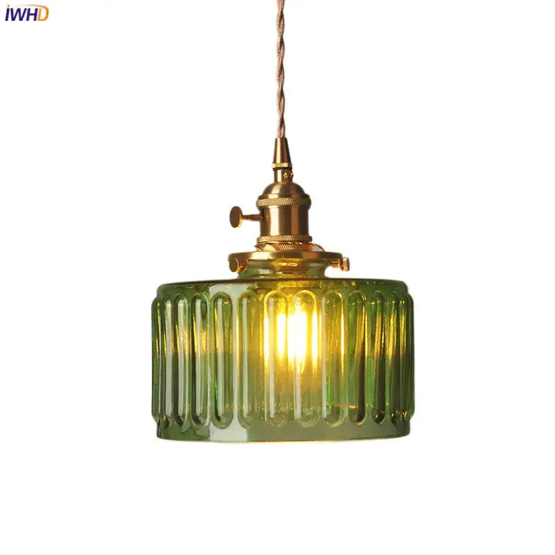 Green Glass Pendant Light with Brass Hardware