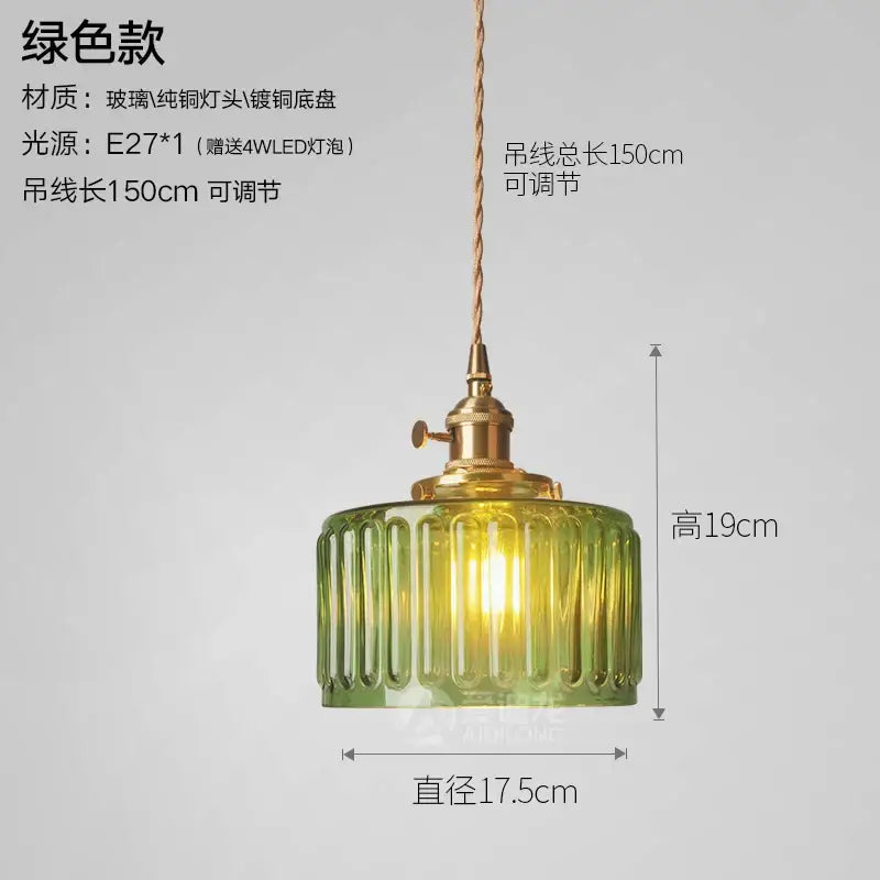 Green Glass Pendant Light with Brass Hardware