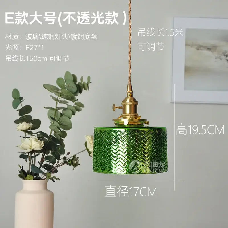 Green Glass Pendant Light with Brass Hardware